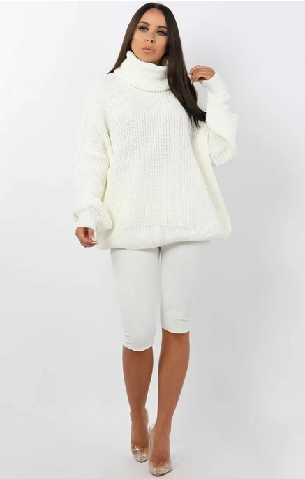 Cream Knitted Oversized Polo Neck Jumper - Polly