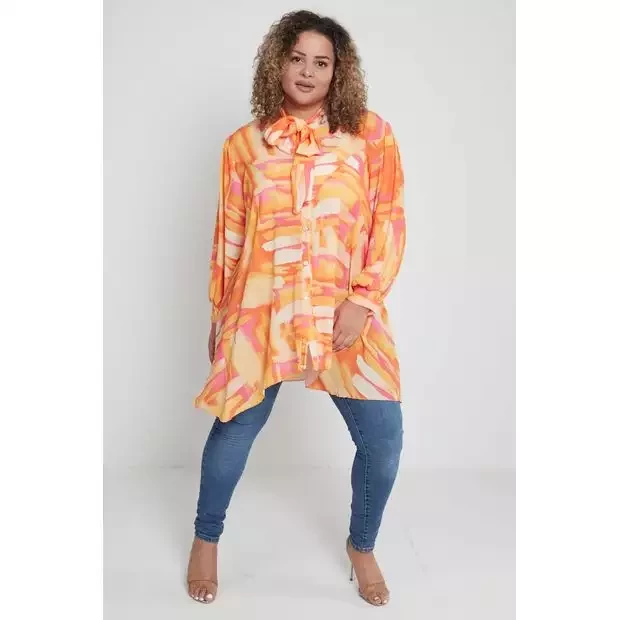 Plus size orange splash pussy bow tunic