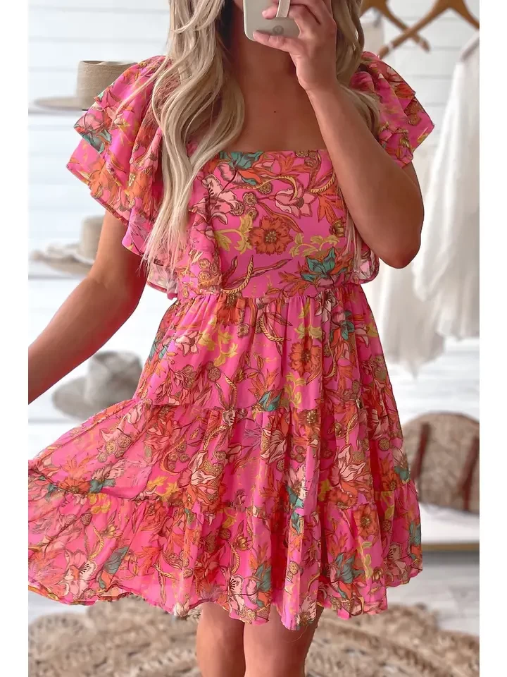 Floral Ruffle Sleeve Tiered Dress