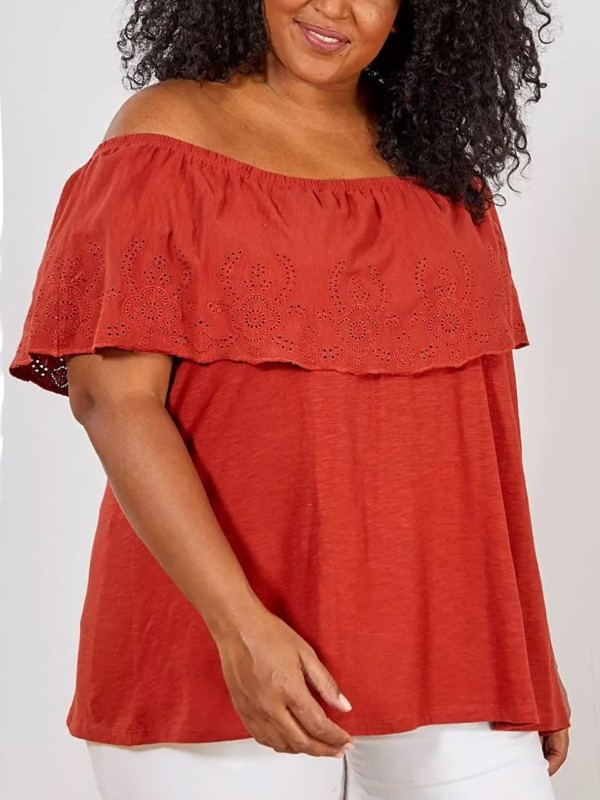 BROWN Broderie Bardot Top