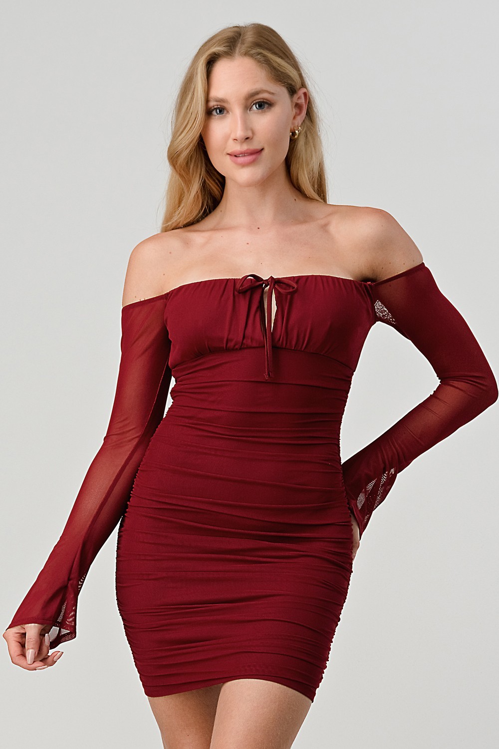RUCHED MESH OFF THE SHOULDER BODYCON MINI DRESS
