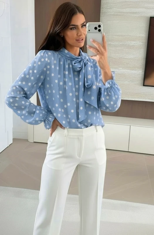 VIRGINIE POLKA DOT TIE NECK BLOUSE SHIRT TOP-BLUE