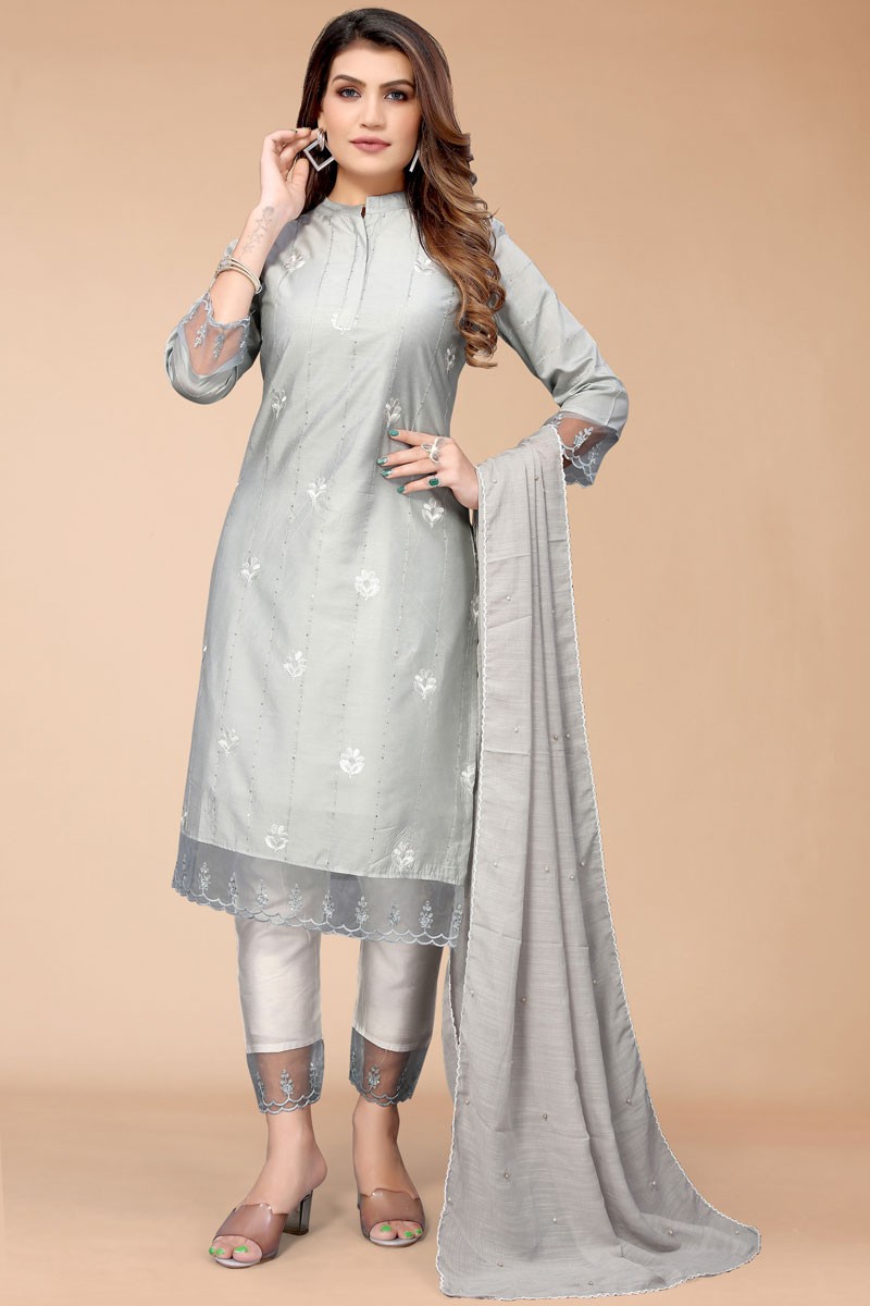 Casual Wear Grey Weaving Chanderi Readymade Salwar Suit