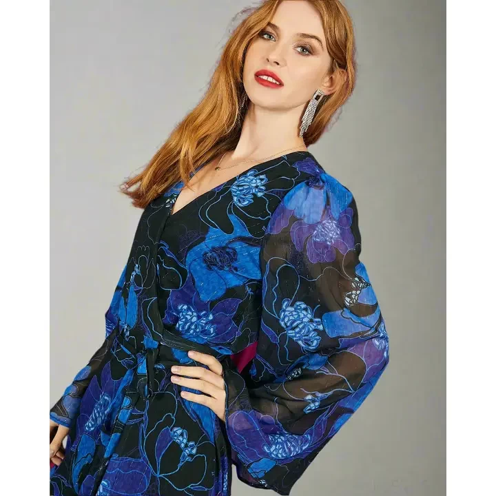 Flared Sleeve Maxi Wrap Dress in Blue Silver Floral | Luna