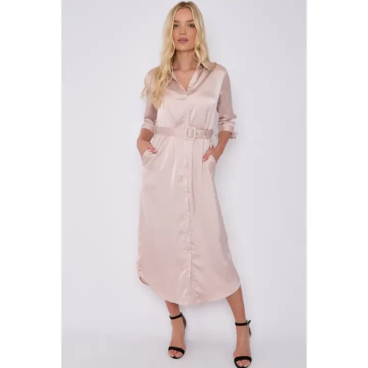 Champagne Half Sleeve Belted Maxi Shirt Dress