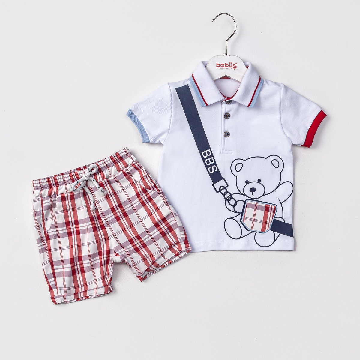 Baby Boys Two Piece Teddy Polo T-Shirt & Check Shorts Set (9-24M)