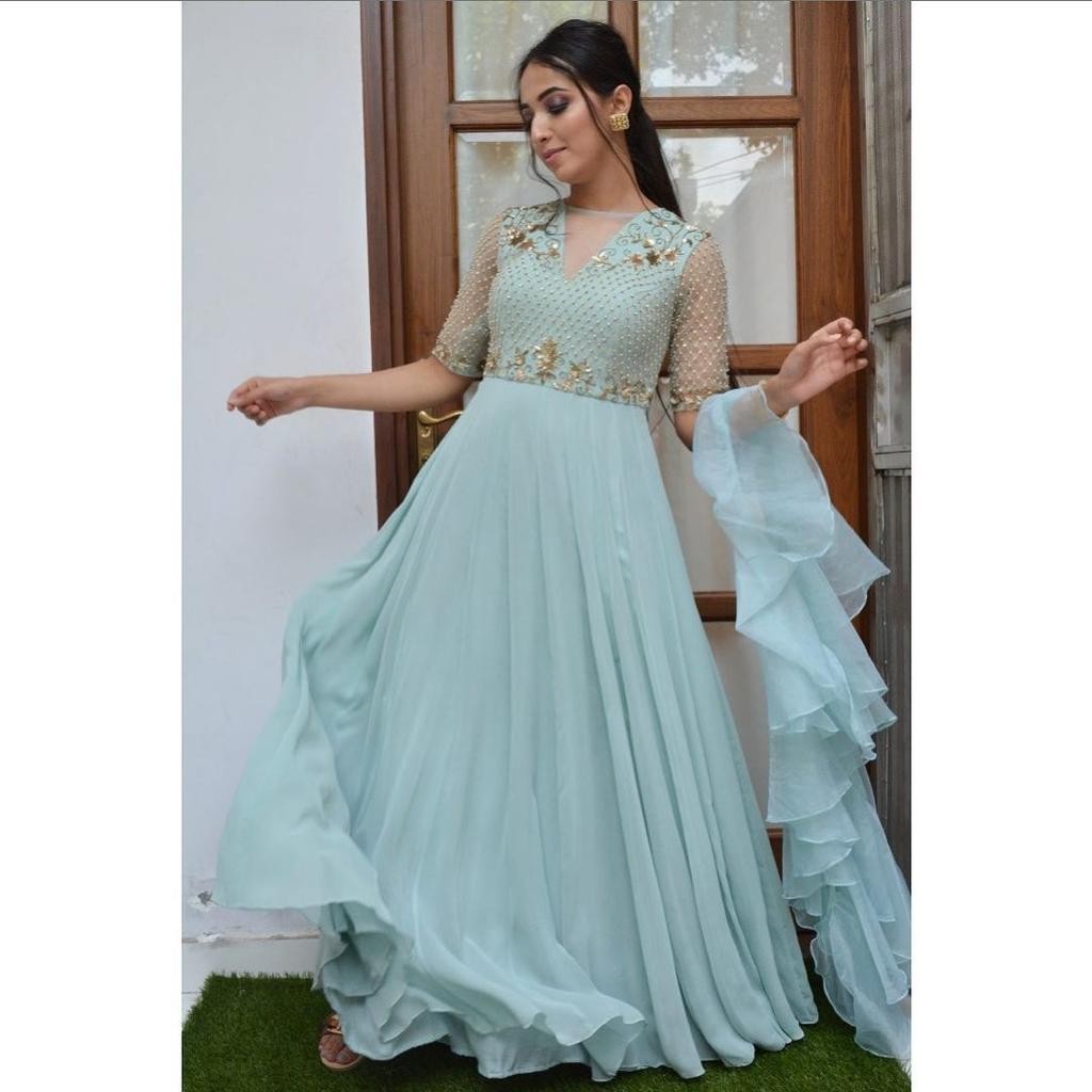 BOUTIQUE FANCY FAUX GEORGETTE CORDING EMBROIDERY WORK ANARKALI SALWAR SUIT WITH FANCY DUPATTA AND BOTTOM