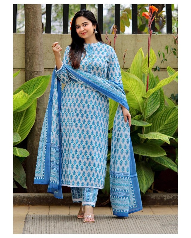 Party wear printed cotton straight kurti with pant annd dupatta