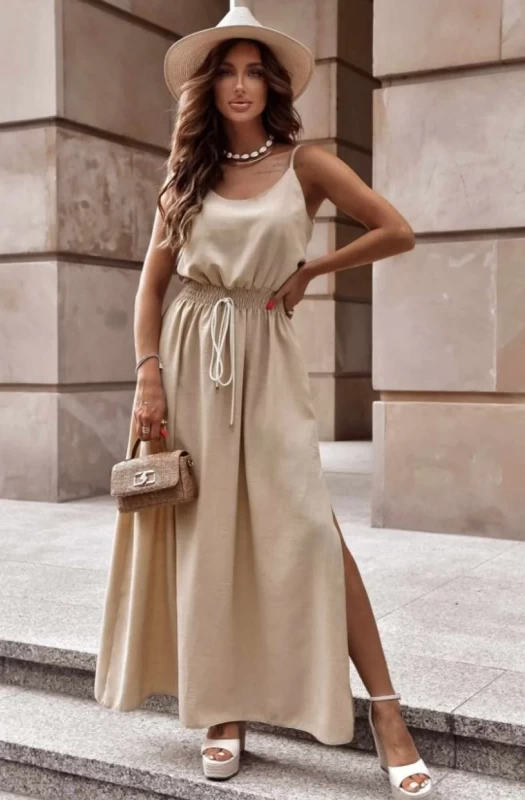 SHYRA SIDE SLIT CAMISOLE MAXI DRESS-STONE