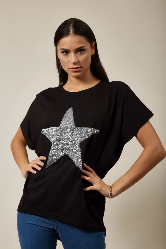 Sequin Star T-Shirt Black