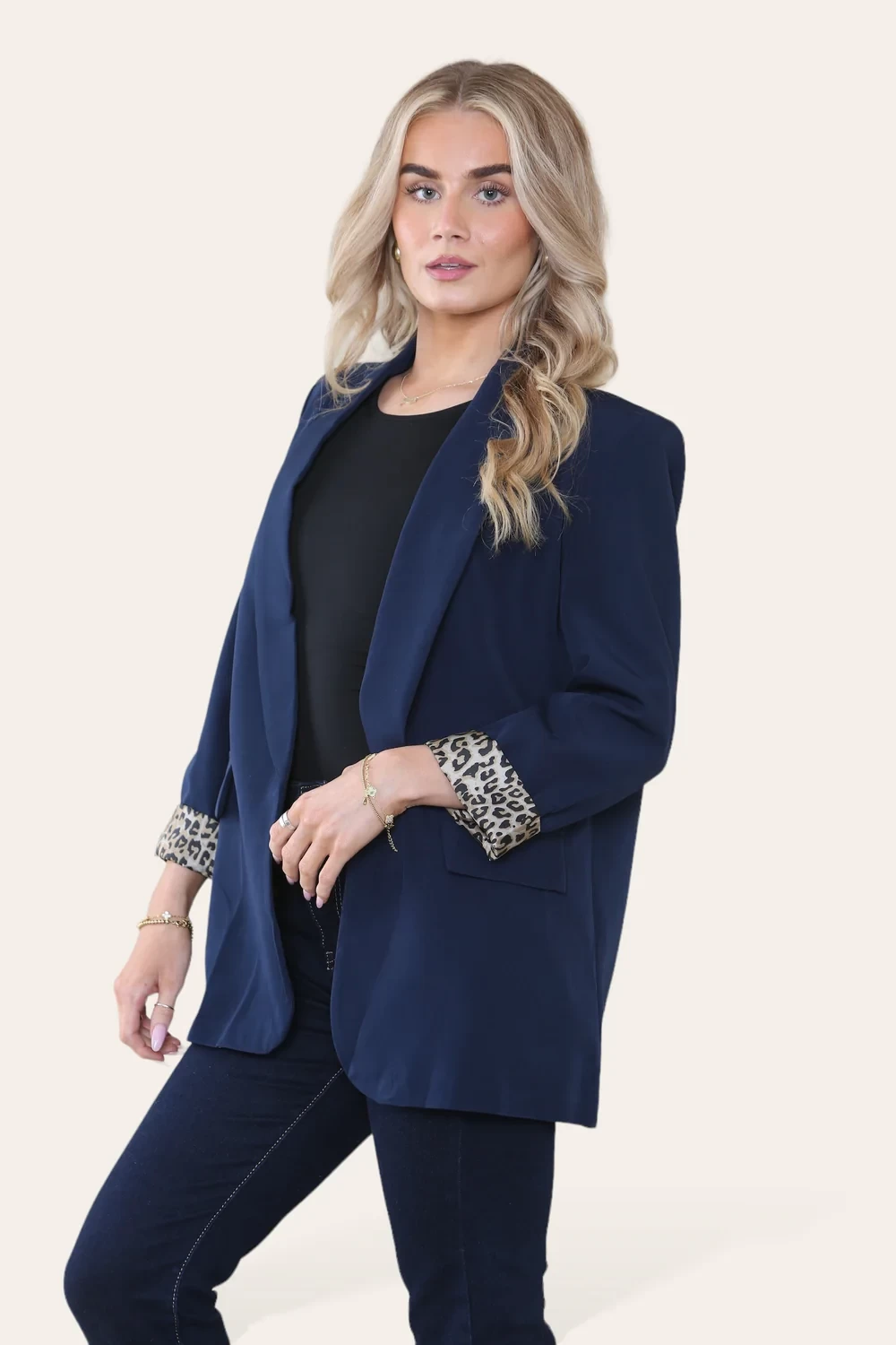 LEOPARD LINED BLAZER - NAVY