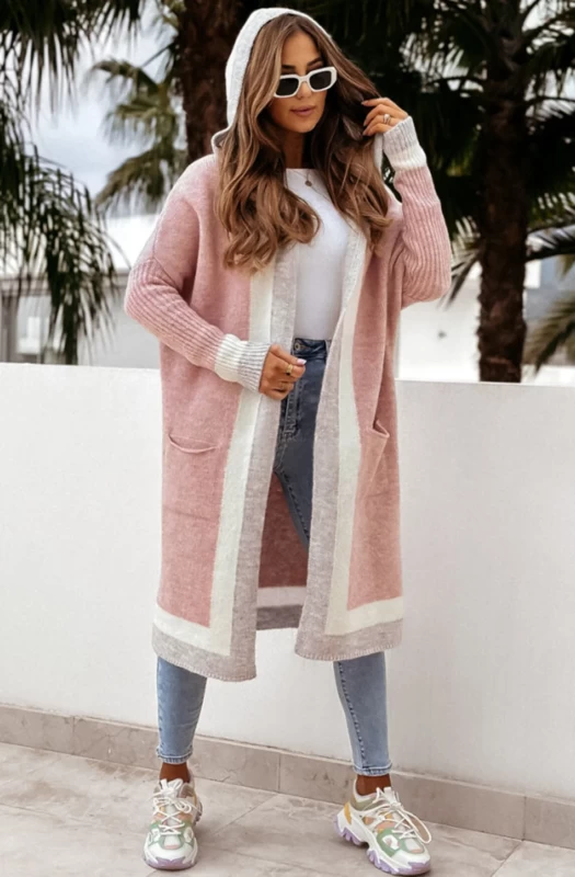 BAHIRA LONGLINE COLOUR BLOCK KNITTED CARDIGAN-DUSTY PINK