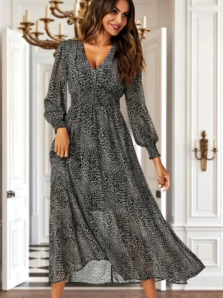 Leopard Print Long Sleeve Maxi Dress in Grey