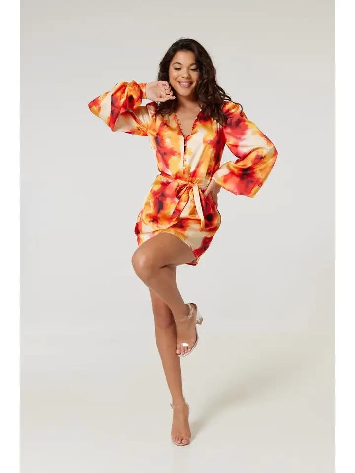 Jasmine Short Shirt Recycled Satin Dress in Orange Print
