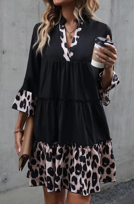 DANNIE OVERSIZED TIERED ANIMAL PRINT DRESS-BLACK