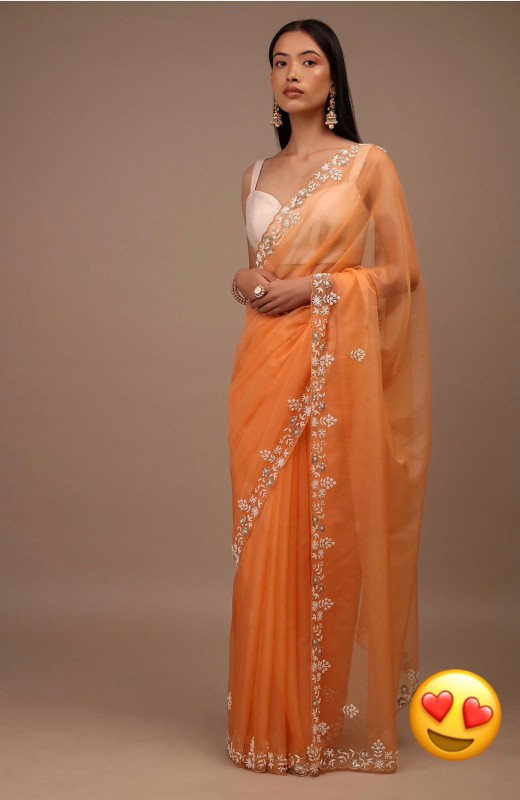 Pure organza saree with beautiful golden handcrafted work all over saree and white silk blouse
