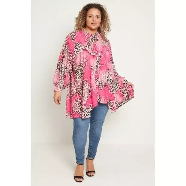 Plus size pink animal pussy bow top