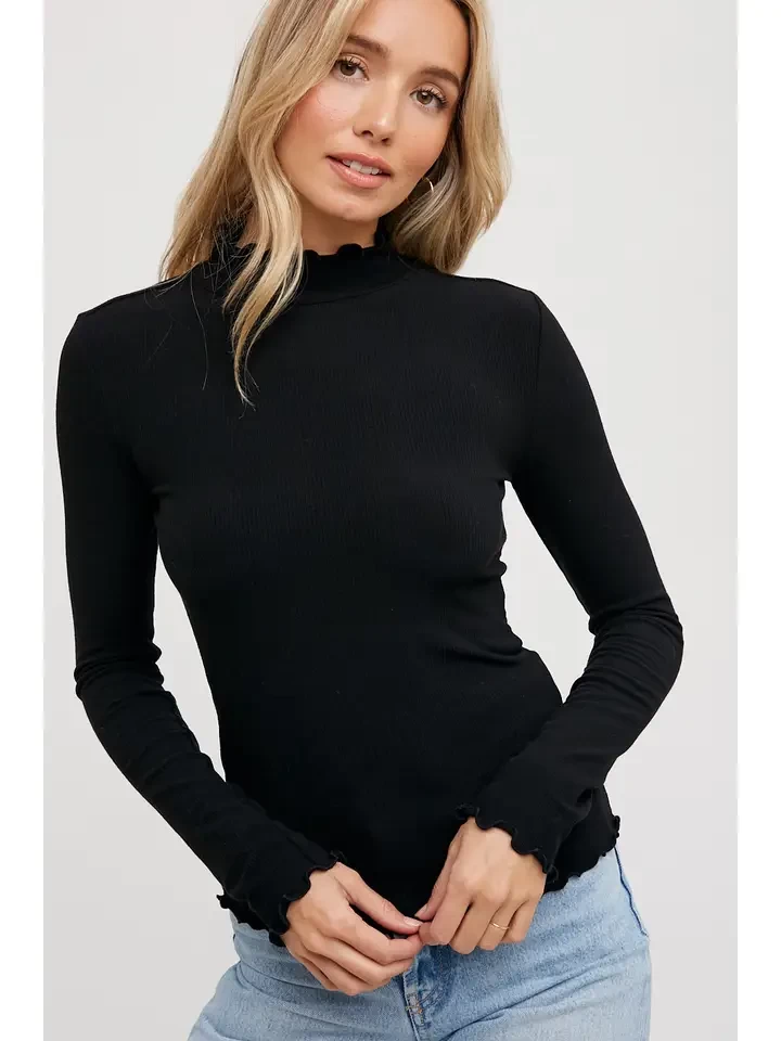 Ribbed Knit Lettuce-Edge Mock Neck Top