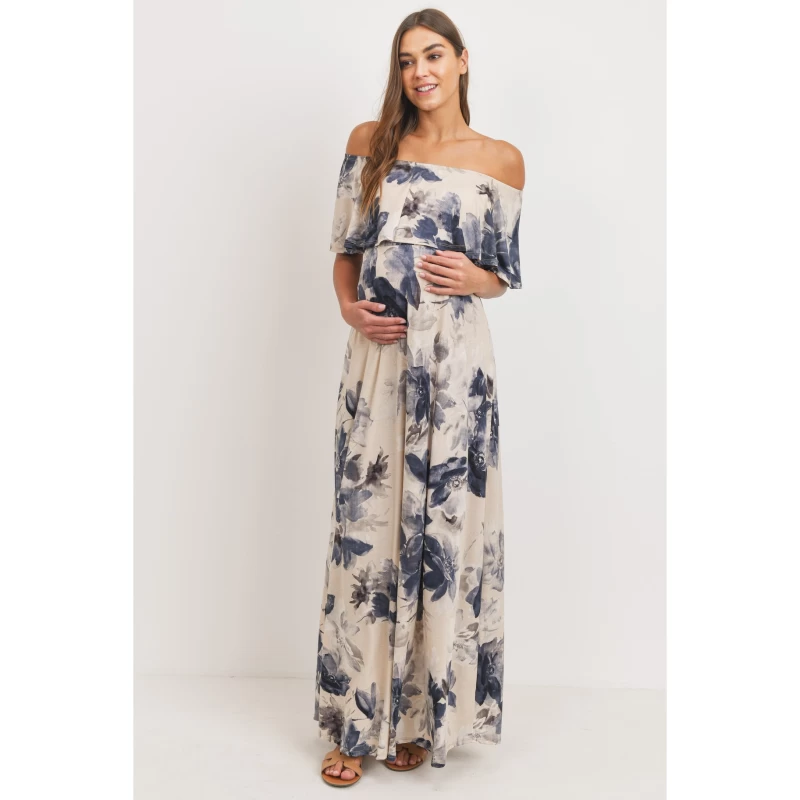 Ruffle Off The Shoulder Maxi Maternity Dress