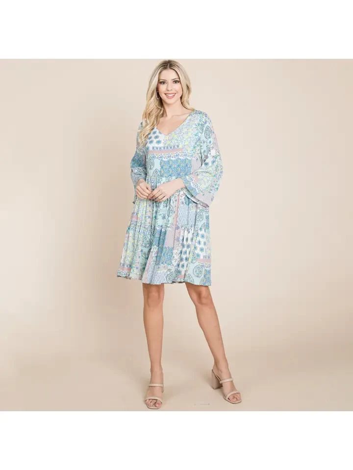 3/4 Sleeve Flowy Pleated Floral Boho Swing Dresses