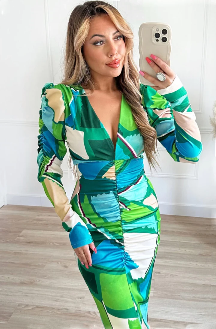 CHERISE PATTERNED RUCHED MAXI DRESS