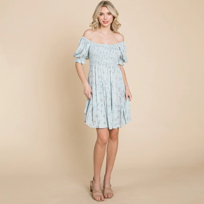 Smocked Floral Puff Short Sleeve Tiered Dress