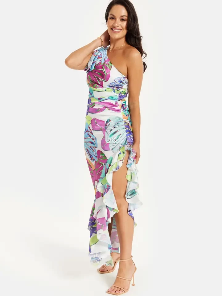 Liquorish Bow Printed One Shoulder Frill Dress