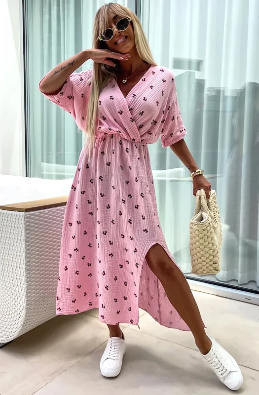 LYNN 'CHERRY' FRONT WRAP SIDE SLIT COTTON GAUZE STYLE MIDAXI DRESS-PINK