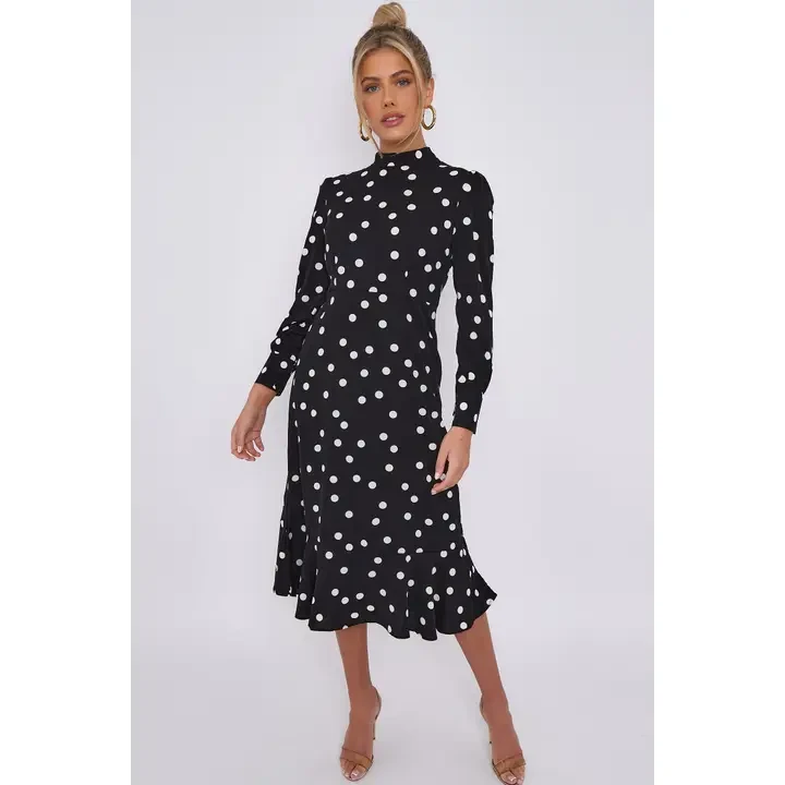 Black Polka Dot Print Frilled Hem Midi Dress