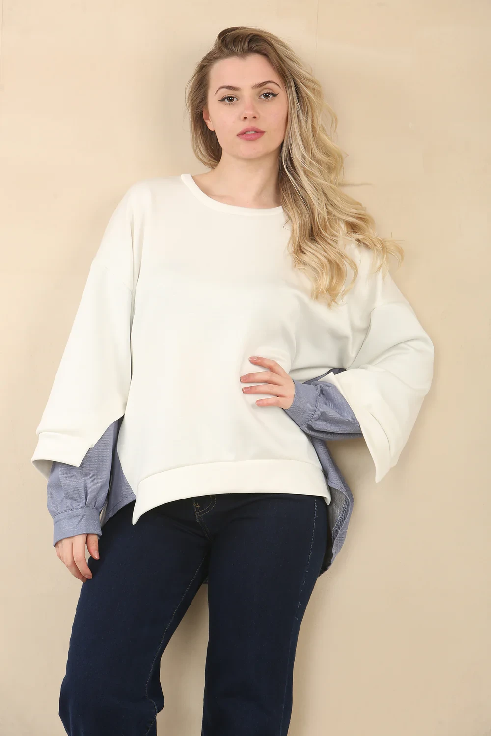 DENIM SHIRT DETAIL SWEAT - WHITE