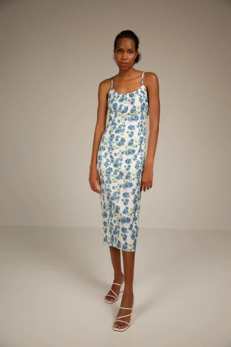 Blue Floral Maxi Dress with Side Slit