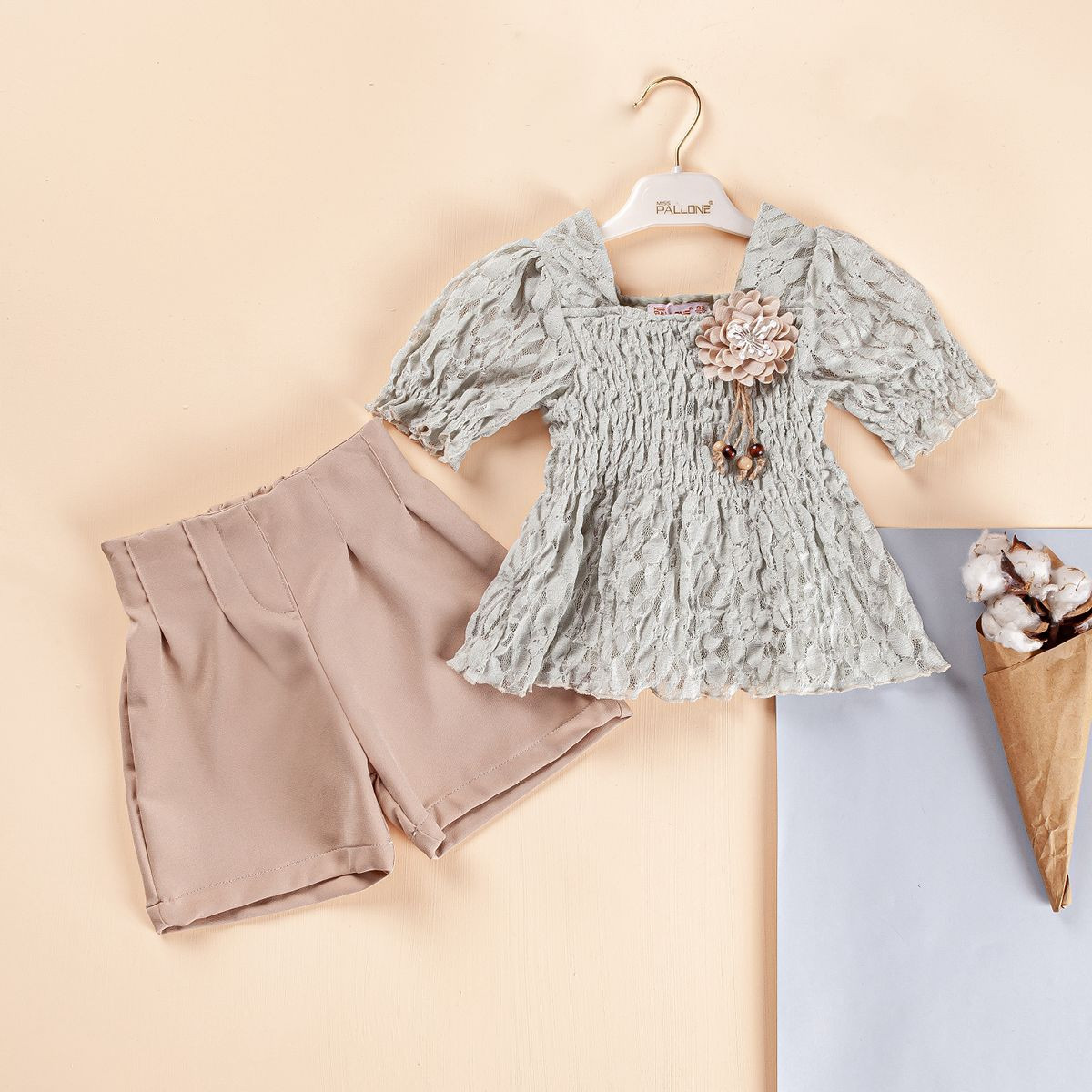 Girls Hand Smoked Flower Top & Shorts Set with Belt (2-5Y)