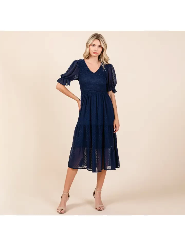 Smocked Short Sleeve Tiered Midi Dotted Dress