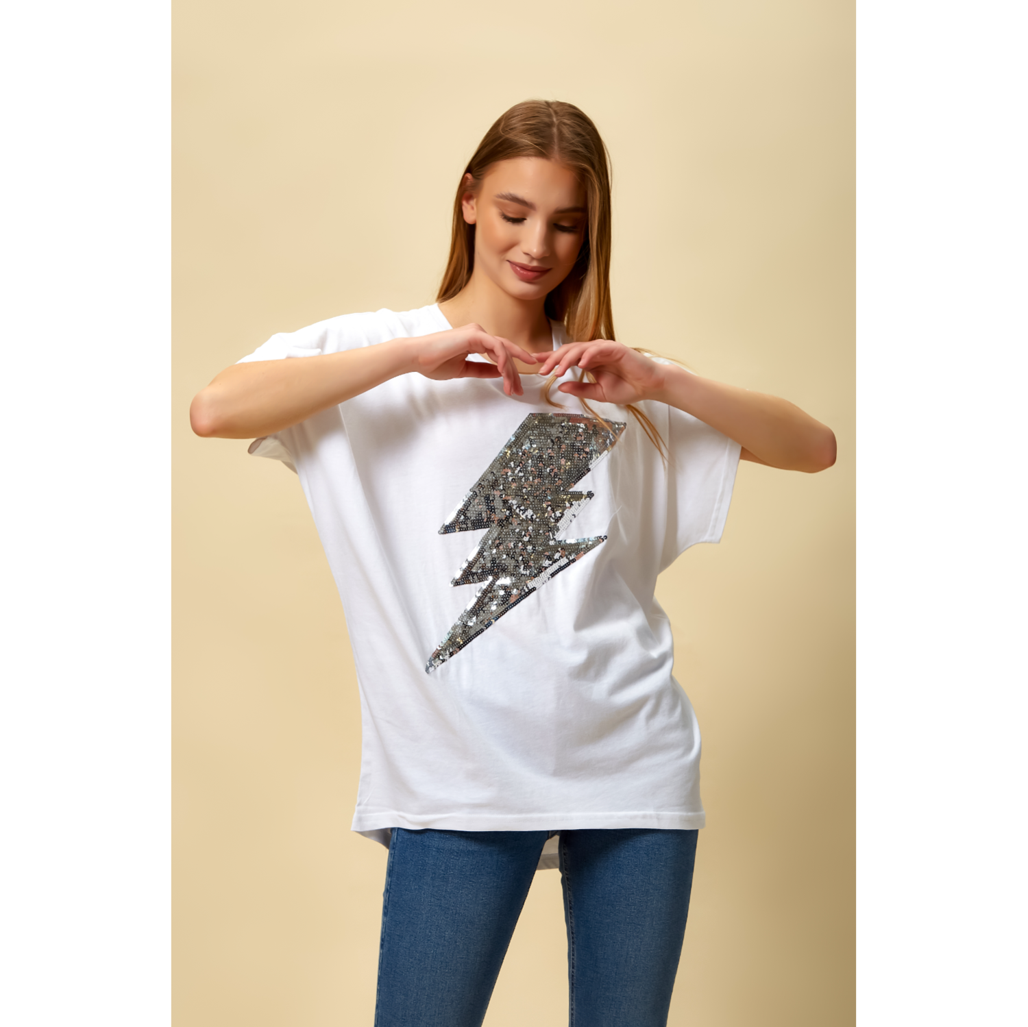 SEQUIN FLASH TOP RELAXED FIT IN WHITE