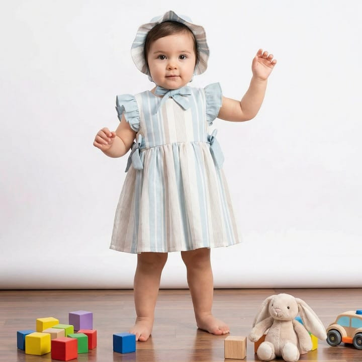 Baby Girls Stripe Frilly Sleeve Double Bow Cotton Dress with Hat (6-18M)