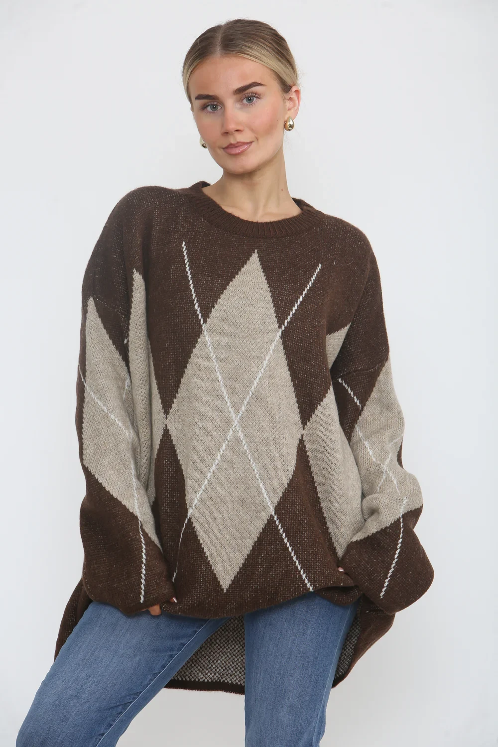 DIAMOND PATTERN OVERSIZED KNIT JUMPER