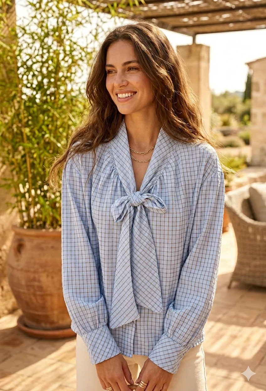 PUSSY-BOW STRIPE SHIRT - BLUE