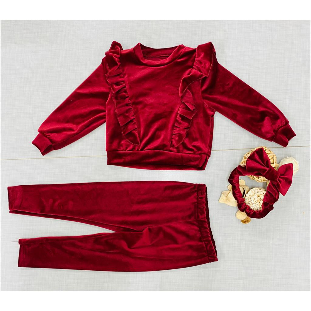 Girls Two Piece Frilly Velvet Loungewear Set with Headband