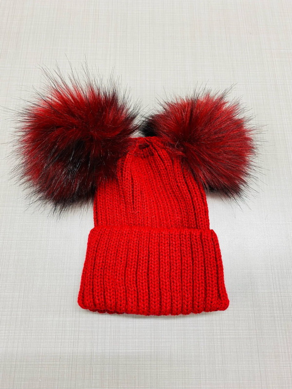 Babies Red Knitted Double PomPom Hat (NB-24M)