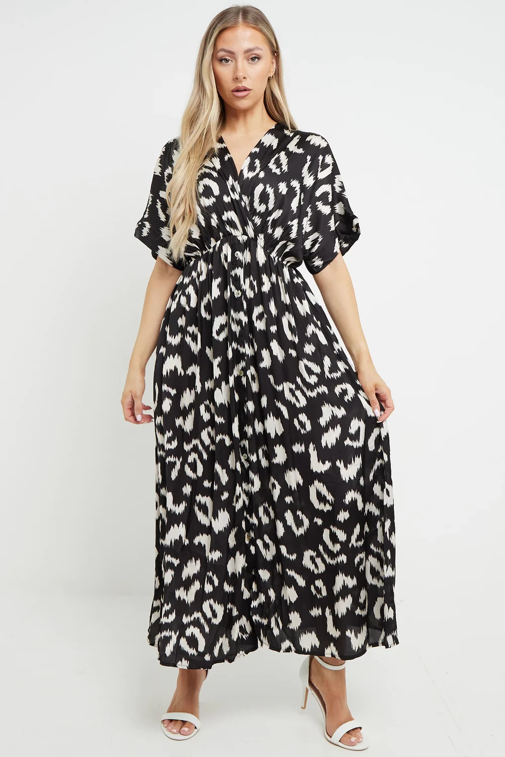 LEOPARD SATIN BUTTON DETAILED MAXI