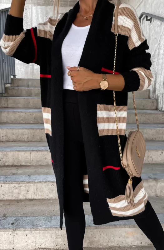 CHRISTIE STRIPED LONGLINE KNITTED CARDIGAN-BLACK