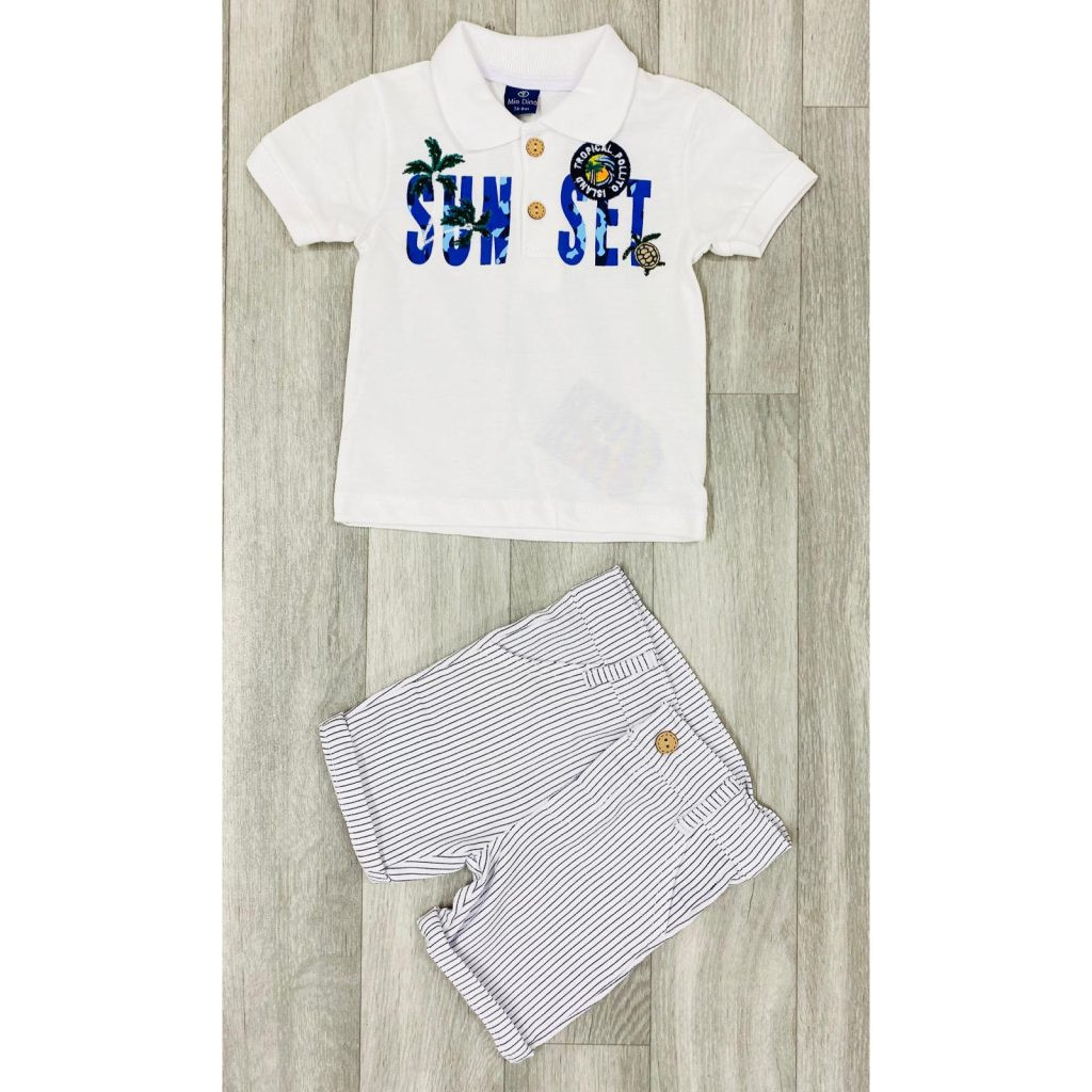Baby Boys ‘SUNSET’ Polo Shirt & Stripe Shorts Set (9-24M)