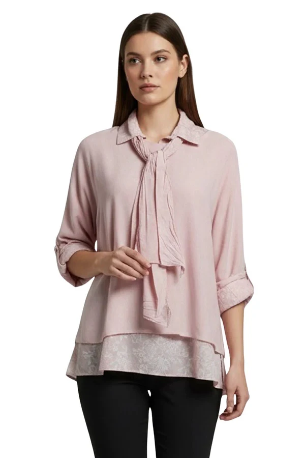 Floral Print Layered Hem Matching Scarf Cotton Top