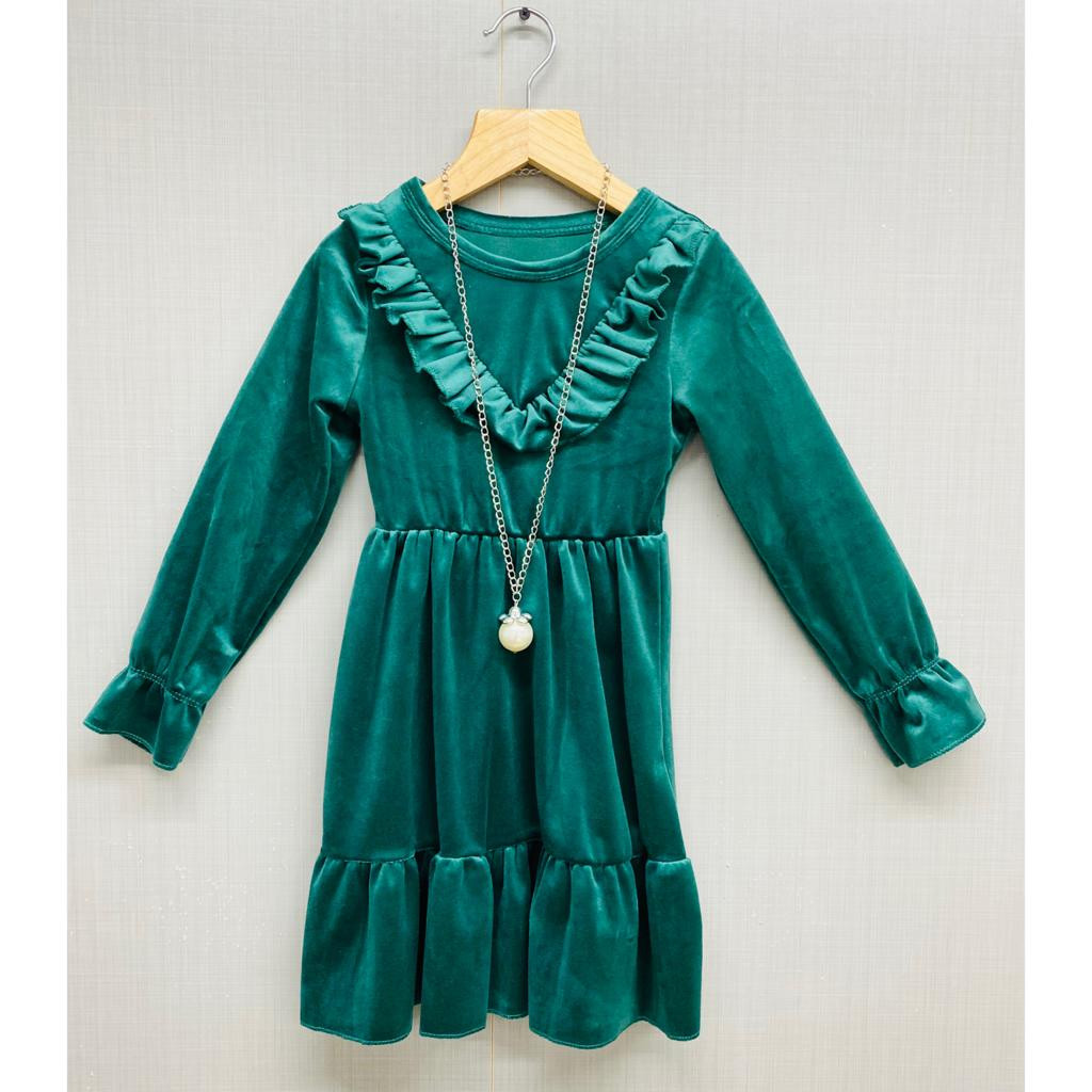 Girls Full Sleeve Frilly Velvet Dress with Necklace (4-14Y)