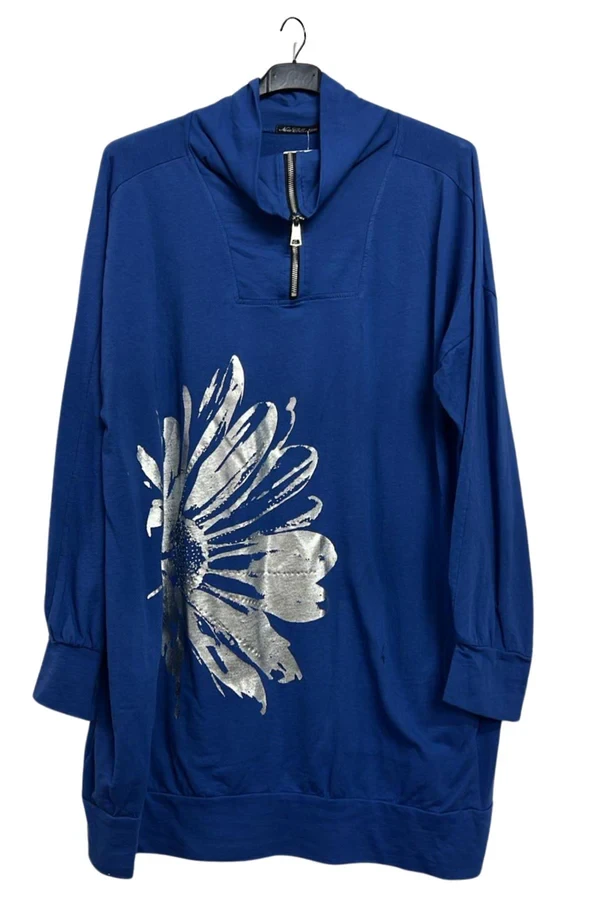 Metallic Foil Flower Pattern Front Zip Cuffed Hem Cotton Top