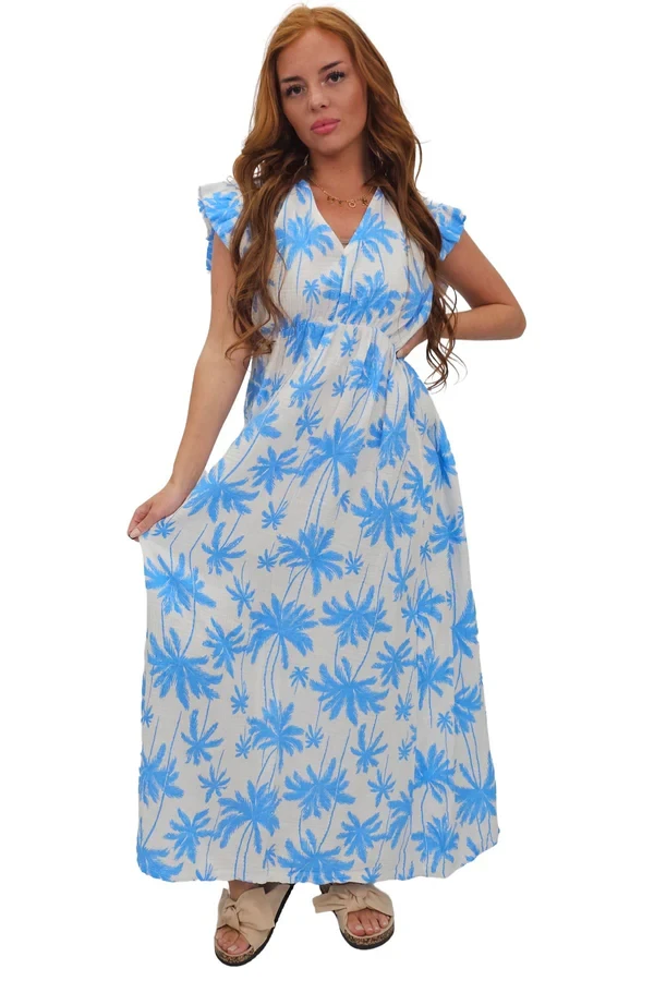 Palm Tree Print Empire Waist Cotton Dress