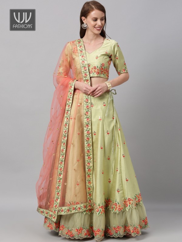 Green Embroidered Silk Lehenga Choli