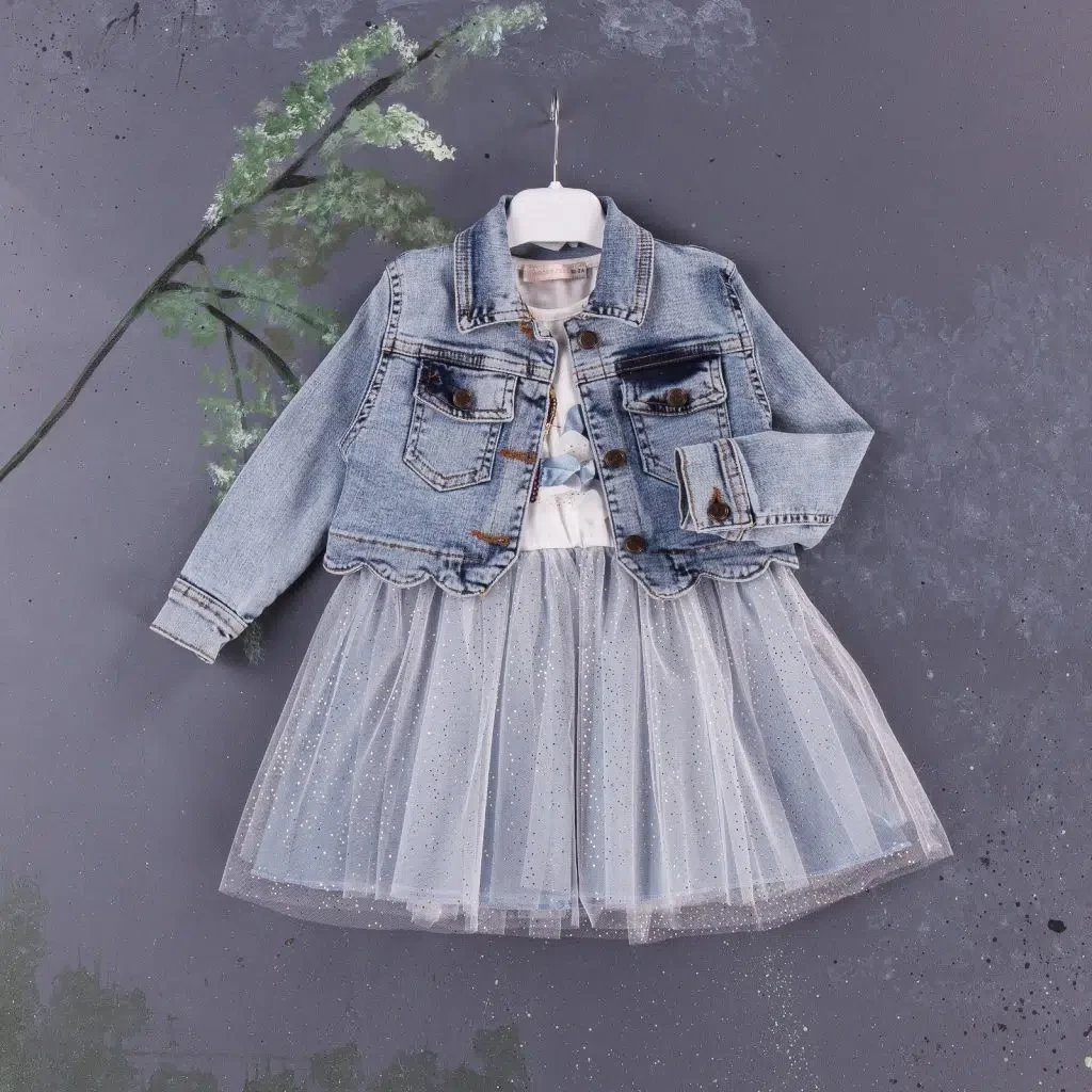 Girls Sequin Swan Glitter Dress & Denim Jacket Set (1-4Y)