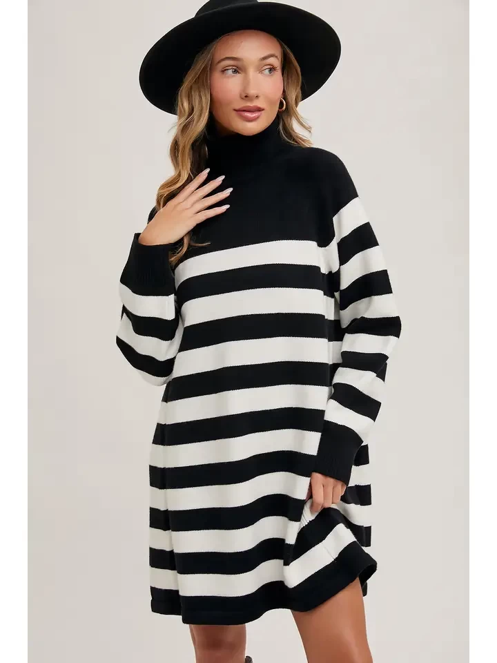 Striped Turtle Neck Knit Sweater Dress
