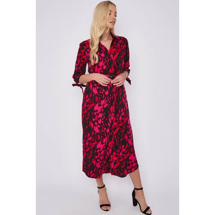 Fuchsia Leopard Print Half Sleeve Belted Maxi Shirt Dress